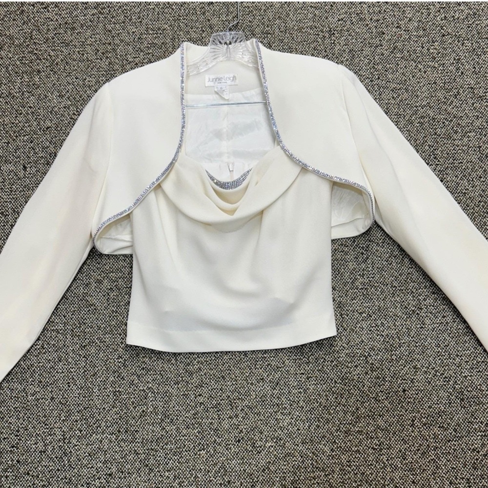 Vintage Junnie Leigh 2pc Bolero Jacket Cowl Top Set Size 6/8 Ivory Rhinestone